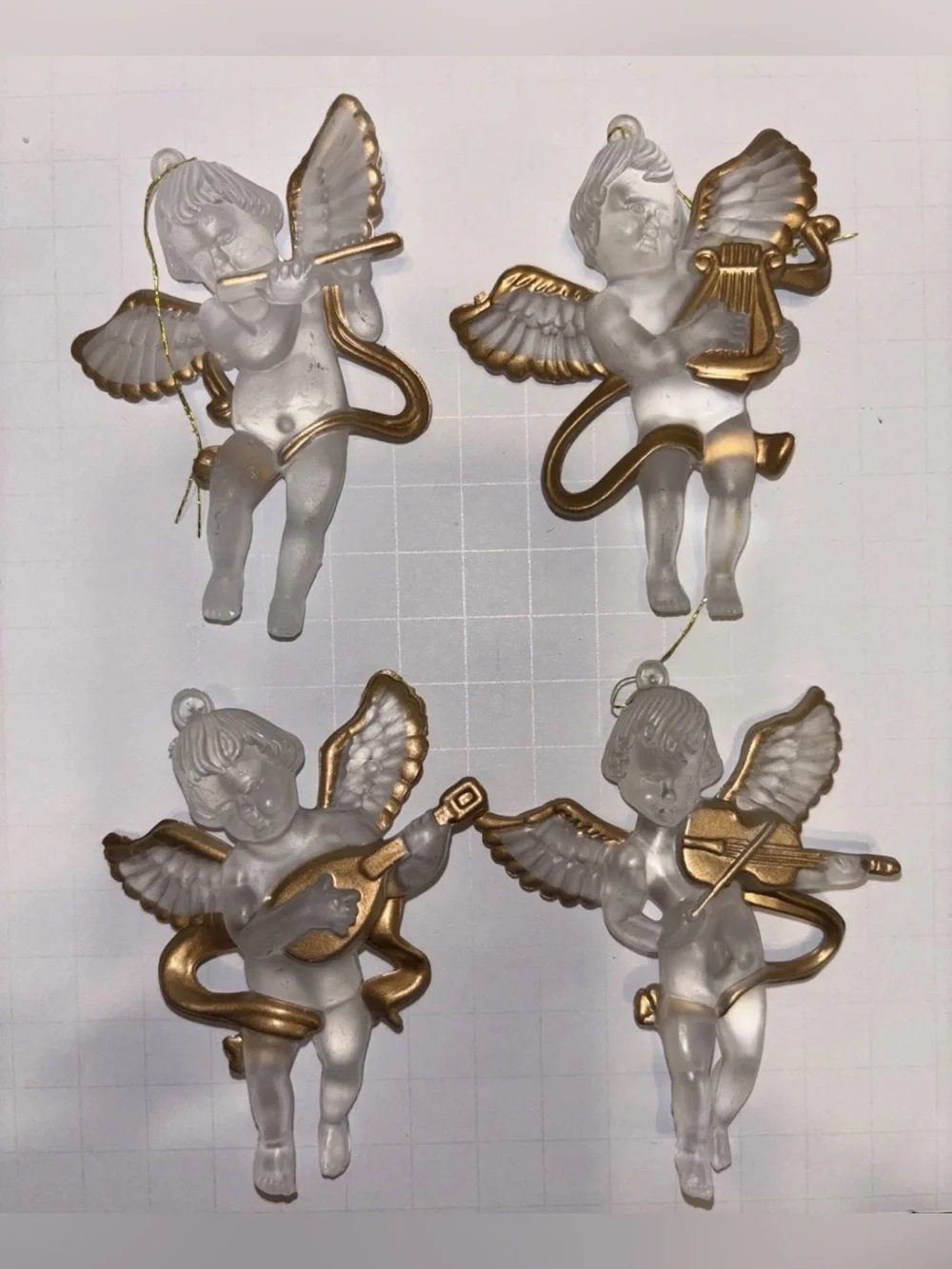 4 Vintage Christmas Ornaments Angels W/ Musical Instruments Cherubs Acrylic